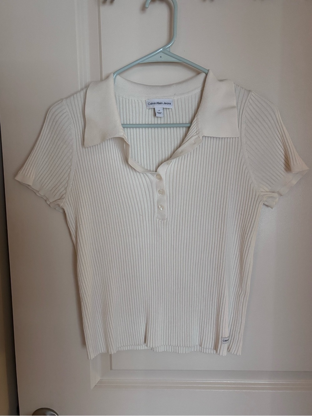 Calvin Klein Jeans Ivory Ribbed Polo Crop Top